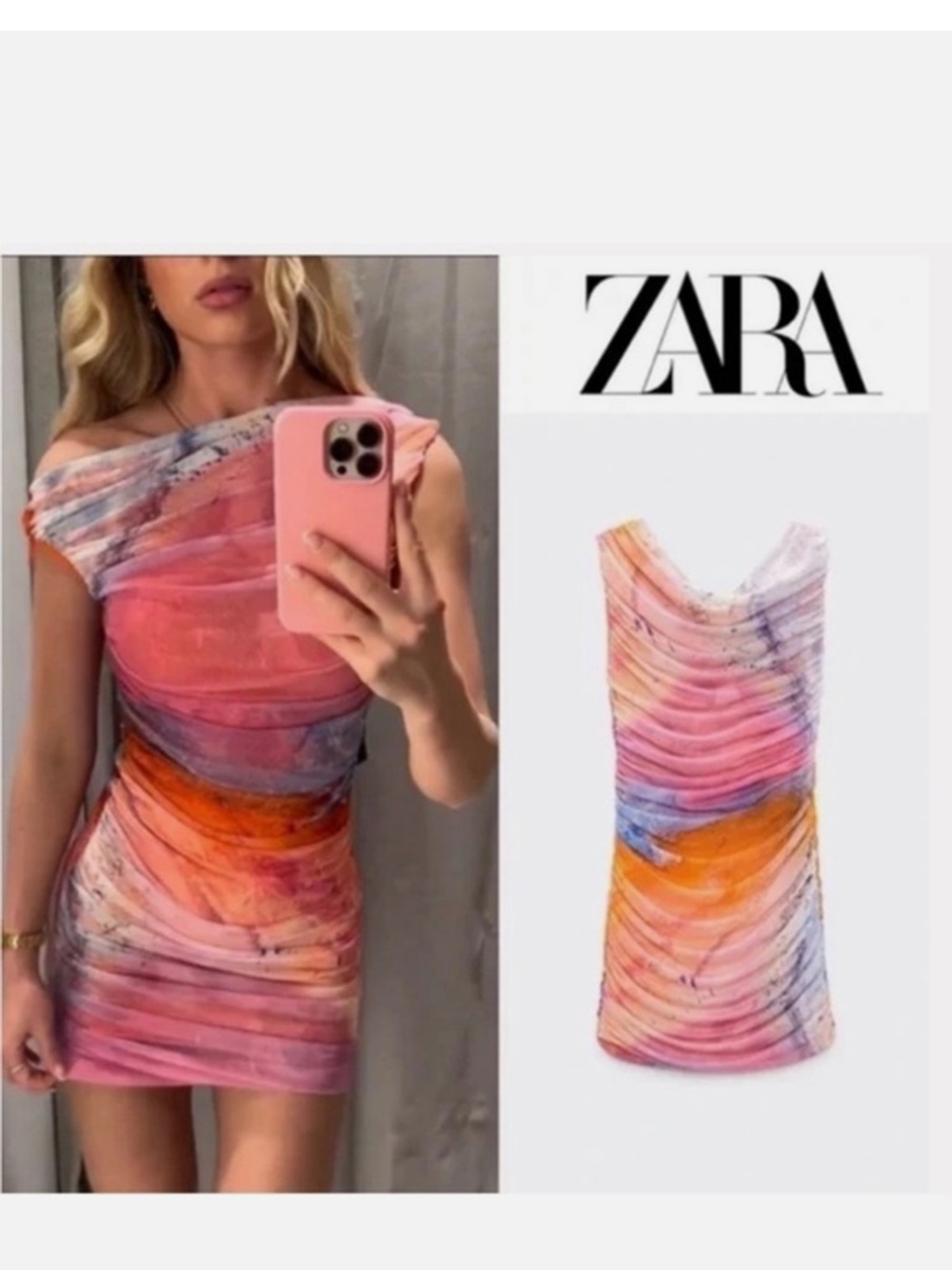 Zara Pink sunset Multiwatercolor Ruched Mini Dress sz m